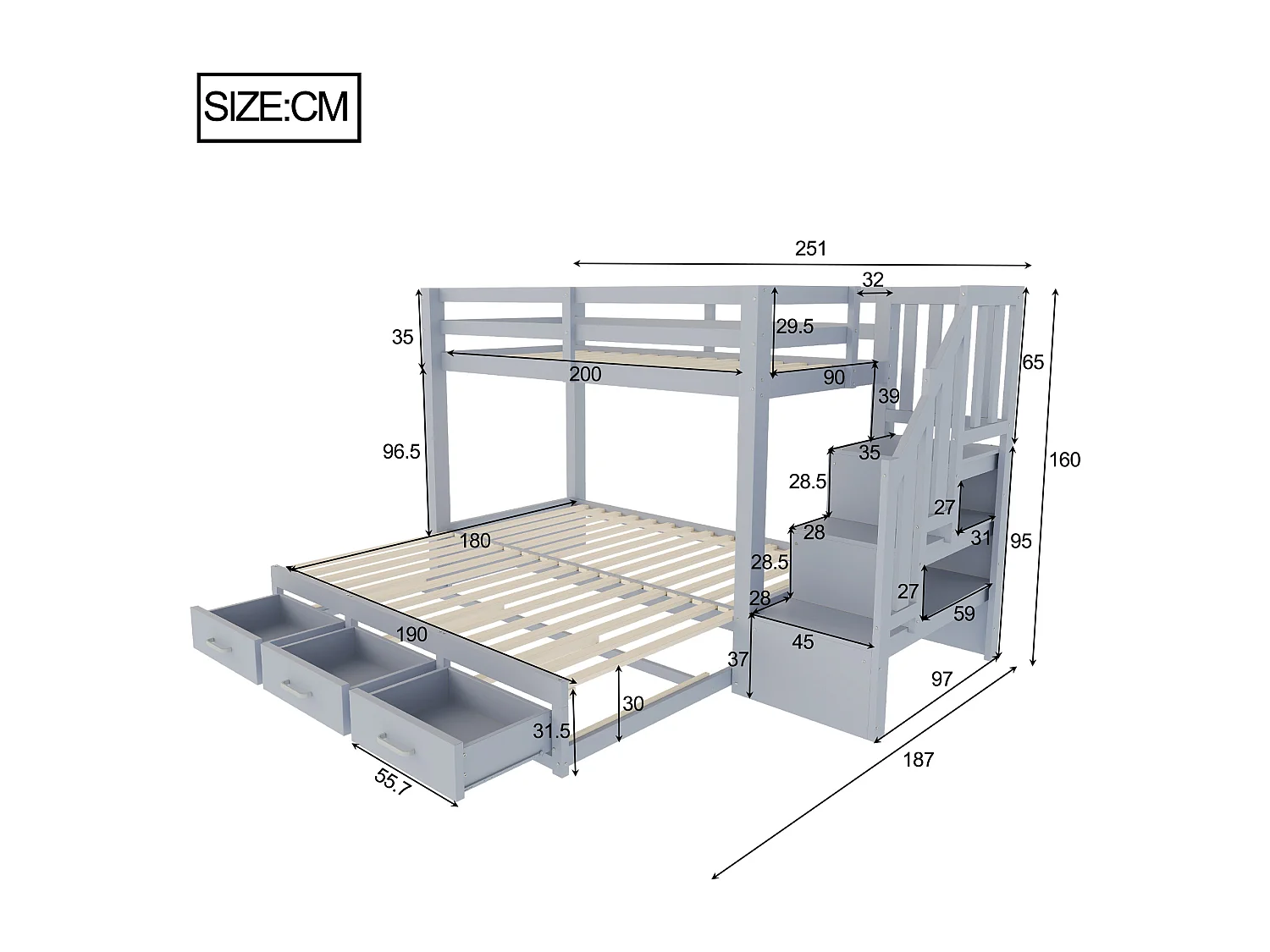 Etagenbett für Kinder 90 x 200 cm - mit Aufstiegsleiter mit Stauraum - mit 3 Schubladen - mit Gästebett - grau​ (Matratze nicht inbegriffen)