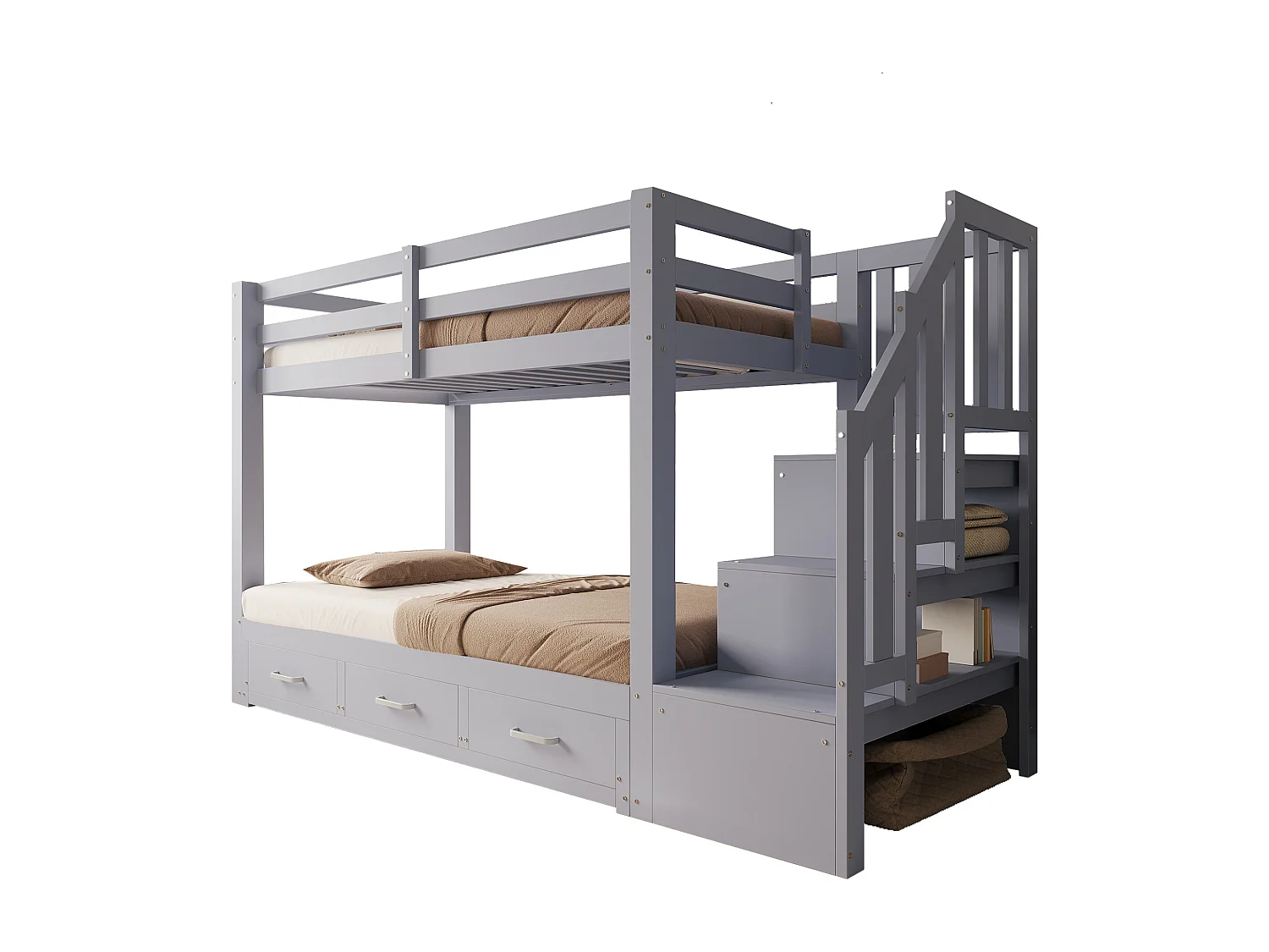 Etagenbett für Kinder 90 x 200 cm - mit Aufstiegsleiter mit Stauraum - mit 3 Schubladen - mit Gästebett - grau​ (Matratze nicht inbegriffen)