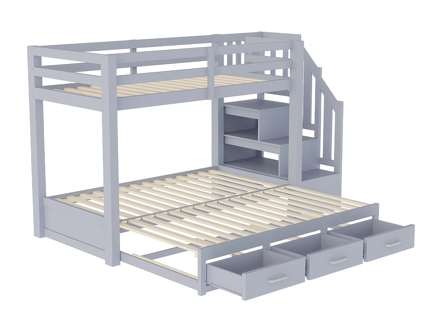 Etagenbett für Kinder 90 x 200 cm - mit Aufstiegsleiter mit Stauraum - mit 3 Schubladen - mit Gästebett - grau​ (Matratze nicht inbegriffen)