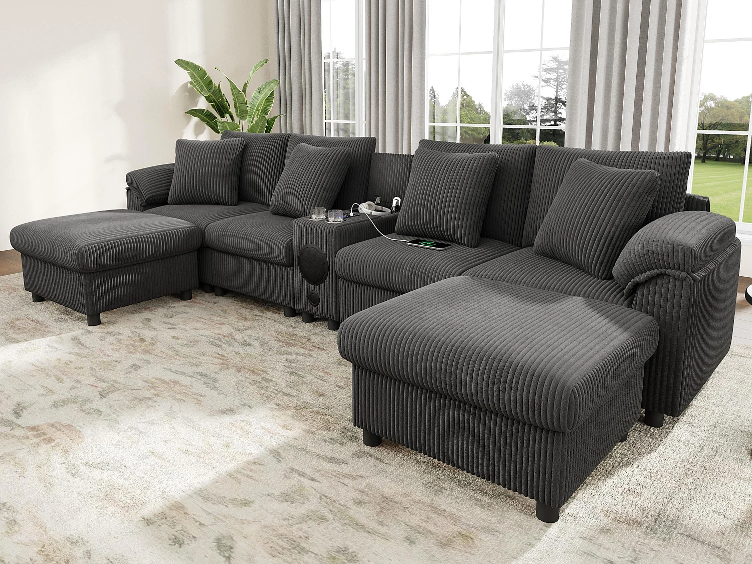 Canapé d'angle en U ou en L - avec enceinte Bluetooth - avec espace de rangement - chargeur sans fil + port USB - avec porte-gobelet - avec coussins - gris