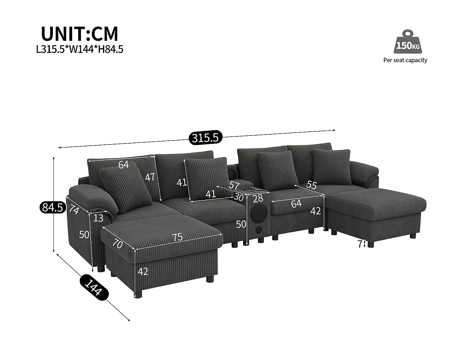 Canapé d'angle en U ou en L - avec enceinte Bluetooth - avec espace de rangement - chargeur sans fil + port USB - avec porte-gobelet - avec coussins - gris