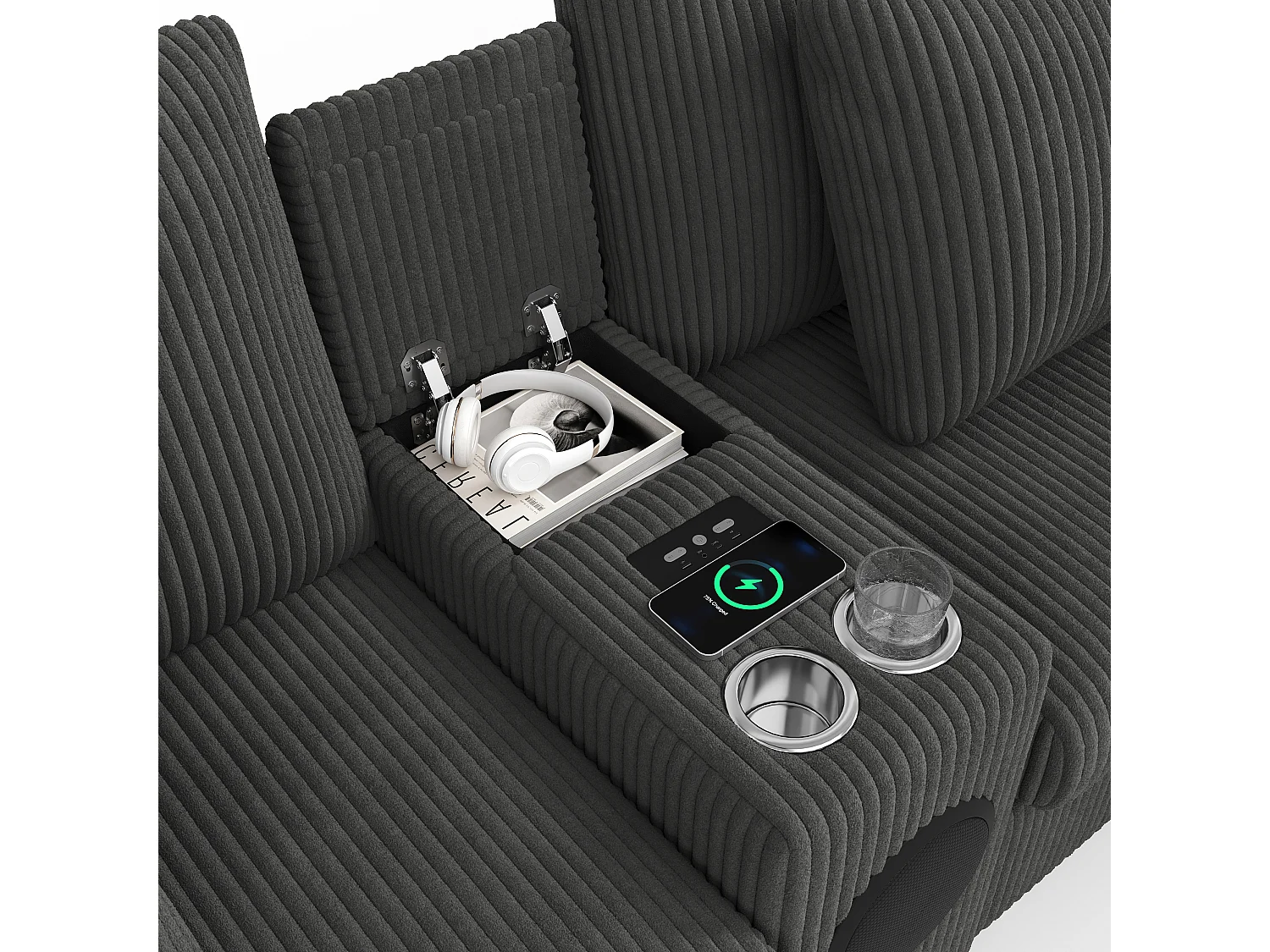 Canapé d'angle en U ou en L - avec enceinte Bluetooth - avec espace de rangement - chargeur sans fil + port USB - avec porte-gobelet - avec coussins - gris