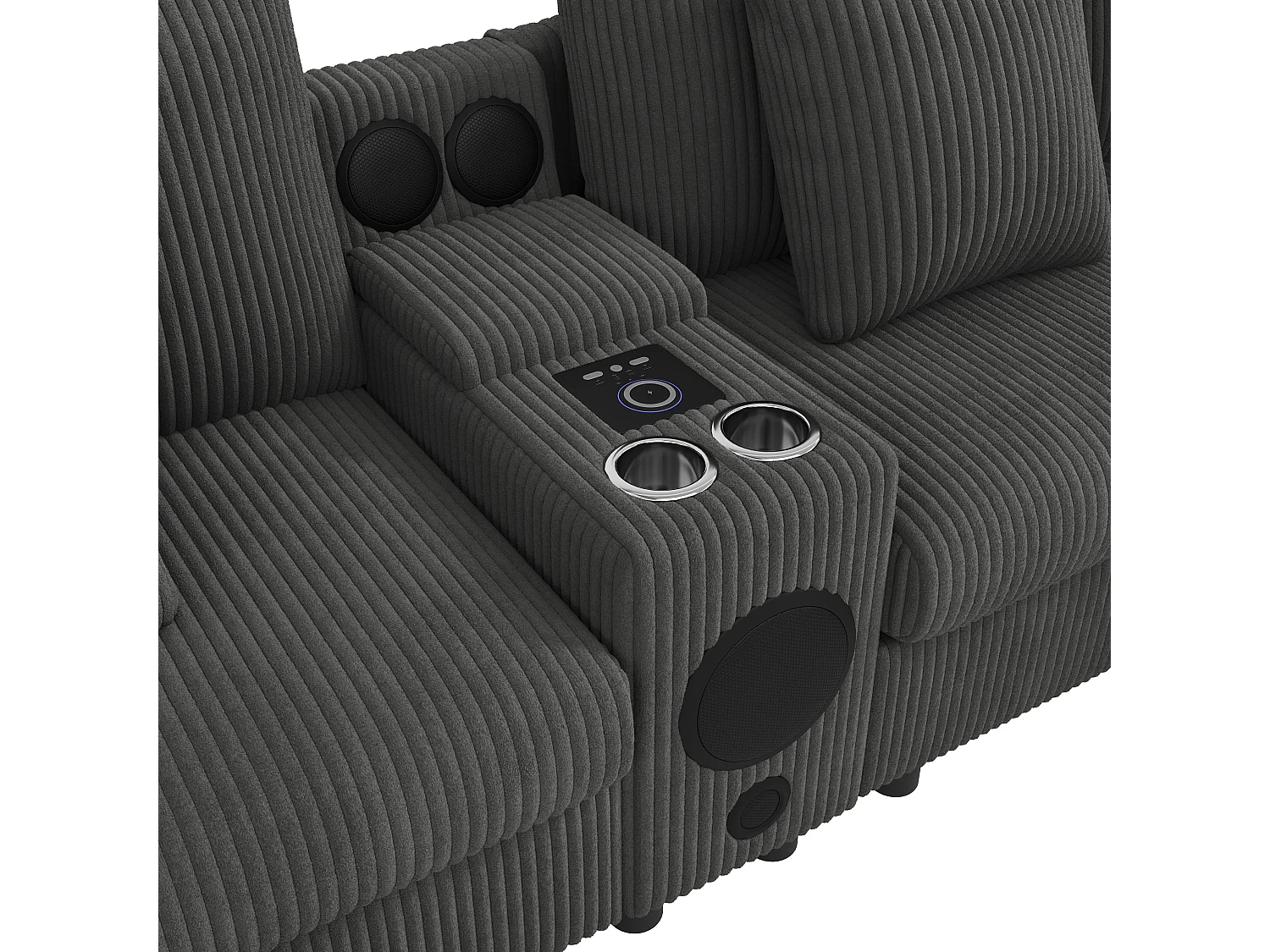 Canapé d'angle en U ou en L - avec enceinte Bluetooth - avec espace de rangement - chargeur sans fil + port USB - avec porte-gobelet - avec coussins - gris