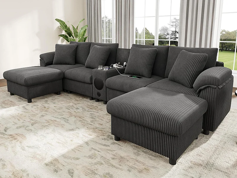 Canapé d'angle en U ou en L - avec enceinte Bluetooth - avec espace de rangement - chargeur sans fil + port USB - avec porte-gobelet - avec coussins - gris