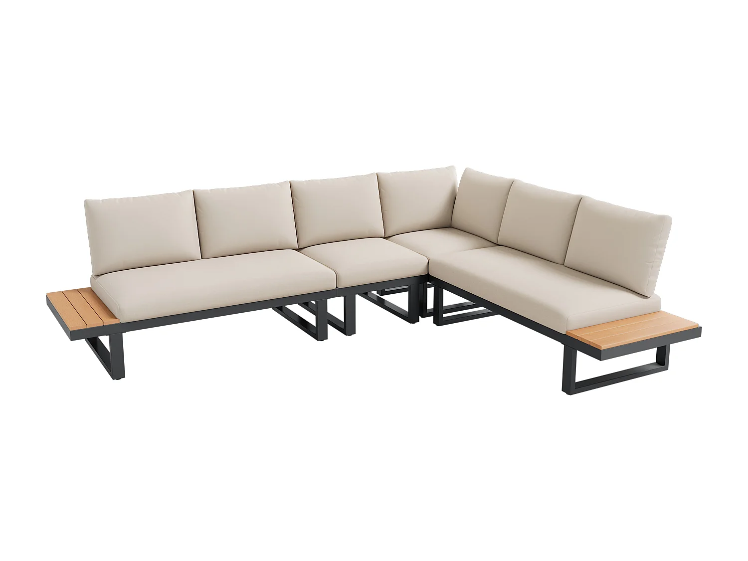 Salon de jardin - ensemble de meubles - 6 places - en fer galvanisé - canapé d'angle - avec table basse gigogne - plateau en bois plastique - Beige