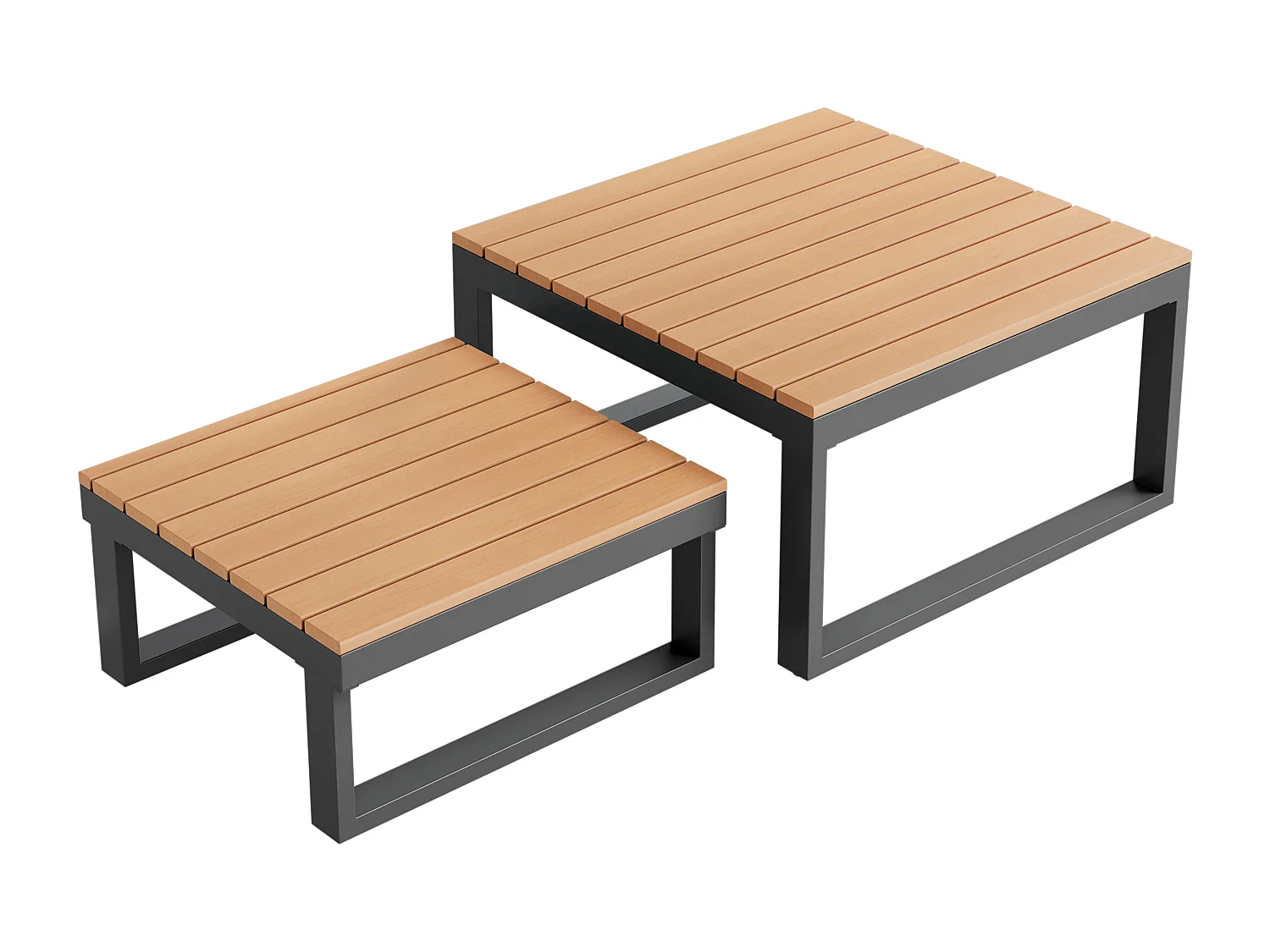 Salon de jardin - ensemble de meubles - 6 places - en fer galvanisé - canapé d'angle - avec table basse gigogne - plateau en bois plastique - Beige