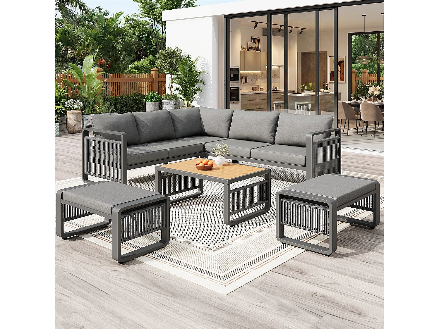 Salon de jardin, ensemble de meubles pour 6-7 personnes - cordage - canapé d'angle - en fer galvanisé - table basse - 2 tabourets, gris