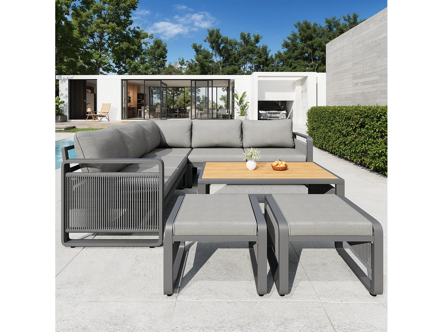 Salon de jardin, ensemble de meubles pour 6-7 personnes - cordage - canapé d'angle - en fer galvanisé - table basse - 2 tabourets, gris