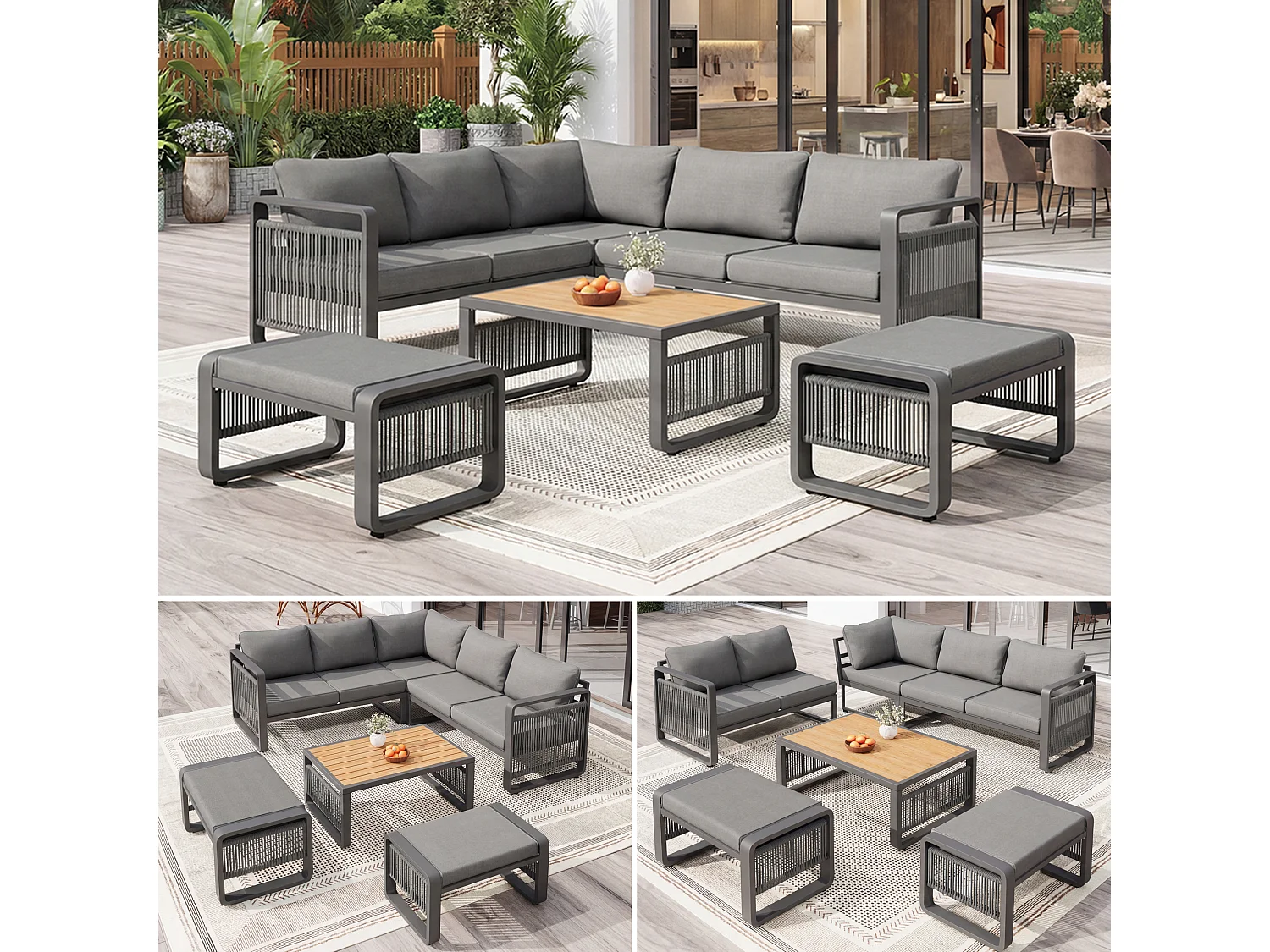 Salon de jardin, ensemble de meubles pour 6-7 personnes - cordage - canapé d'angle - en fer galvanisé - table basse - 2 tabourets, gris