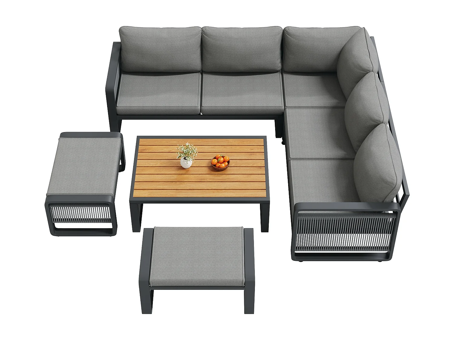 Salon de jardin, ensemble de meubles pour 6-7 personnes - cordage - canapé d'angle - en fer galvanisé - table basse - 2 tabourets, gris