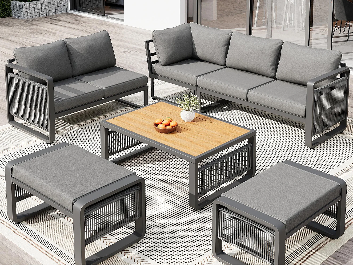 Garten-Salon, Möbelset für 6-7 Personen - Tauwerk - Ecksofa - aus verzinktem Eisen - Beistelltisch - 2 Hocker, Grau