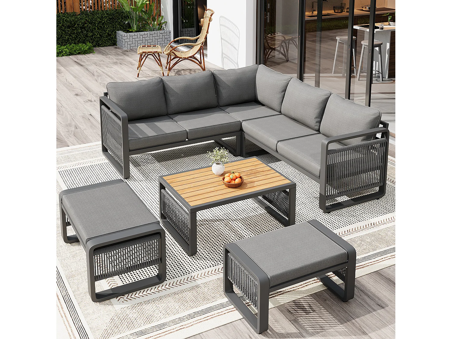 Garten-Salon, Möbelset für 6-7 Personen - Tauwerk - Ecksofa - aus verzinktem Eisen - Beistelltisch - 2 Hocker, Grau