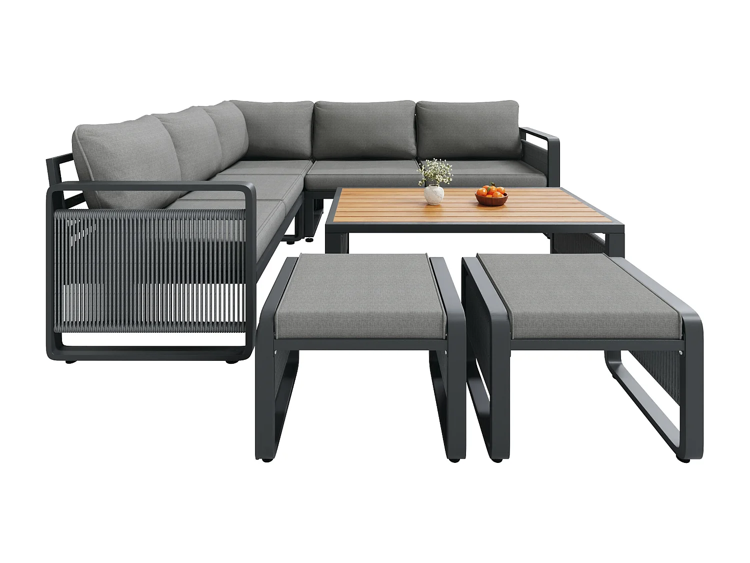 Garten-Salon, Möbelset für 6-7 Personen - Tauwerk - Ecksofa - aus verzinktem Eisen - Beistelltisch - 2 Hocker, Grau