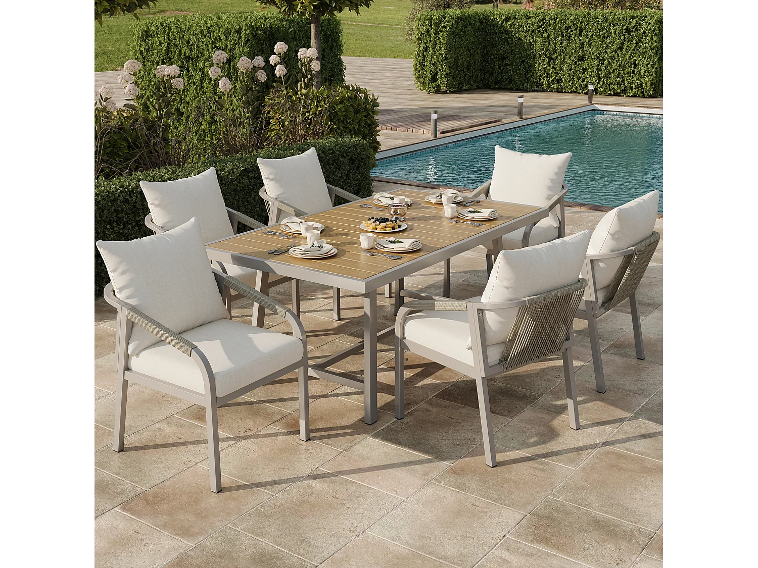 Tuin eetkamer set voor 6 personen - 6 fauteuils - 1 tafel - frame van gegalvaniseerd ijzer - van gevlochten koord - van kunsthout, Kaki en beige