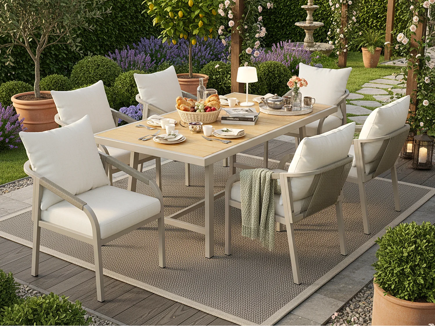 Ensemble de salle à manger de jardin pour 6 places - 6 fauteuils - 1 table - structure en fer galvanisé - en corde tressée - en bois plastique, Kaki et beige