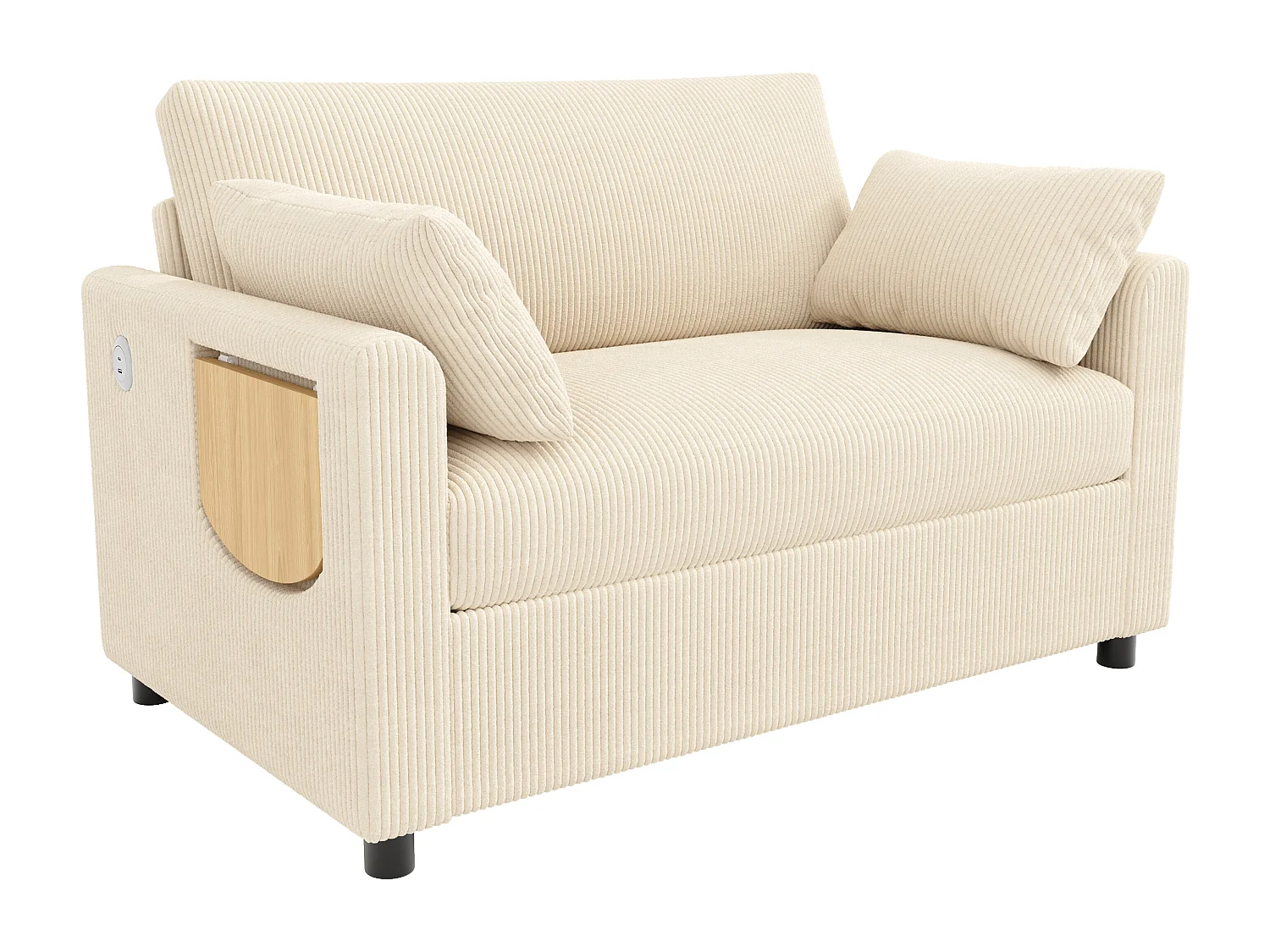 Canapé 2 places - avec port USB - avec table d'appoint pliante - avec 2 coussins - velours côtelé - beige