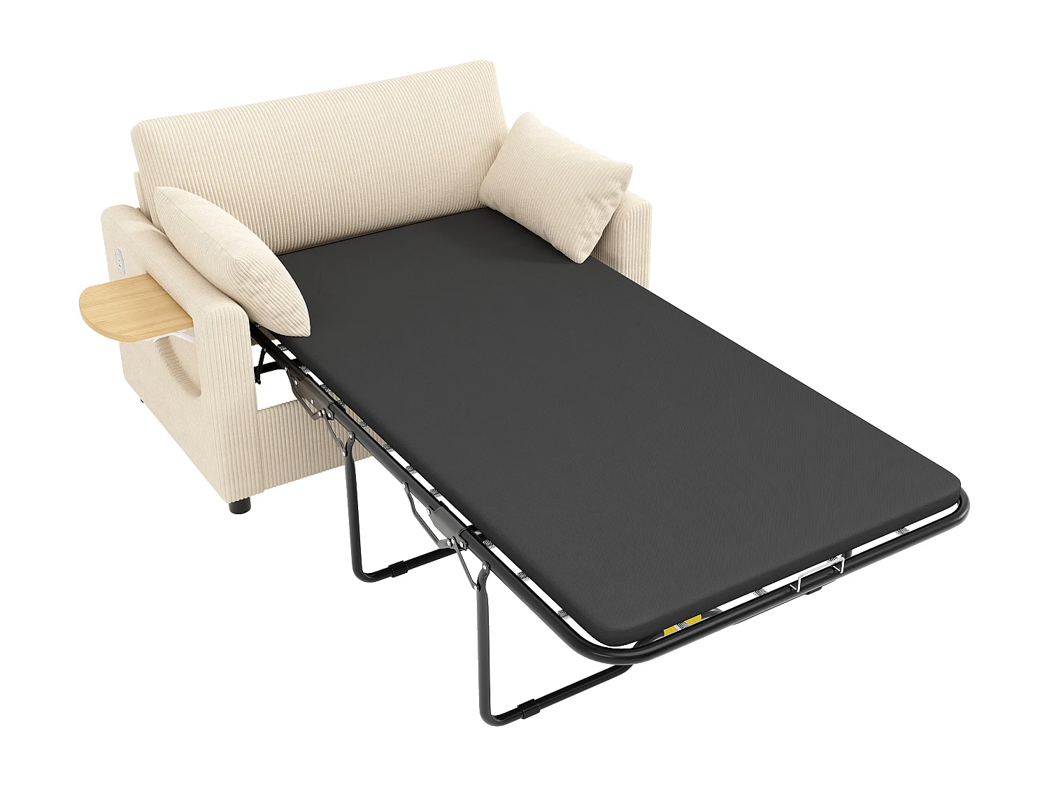 Canapé 2 places - avec port USB - avec table d'appoint pliante - avec 2 coussins - velours côtelé - beige