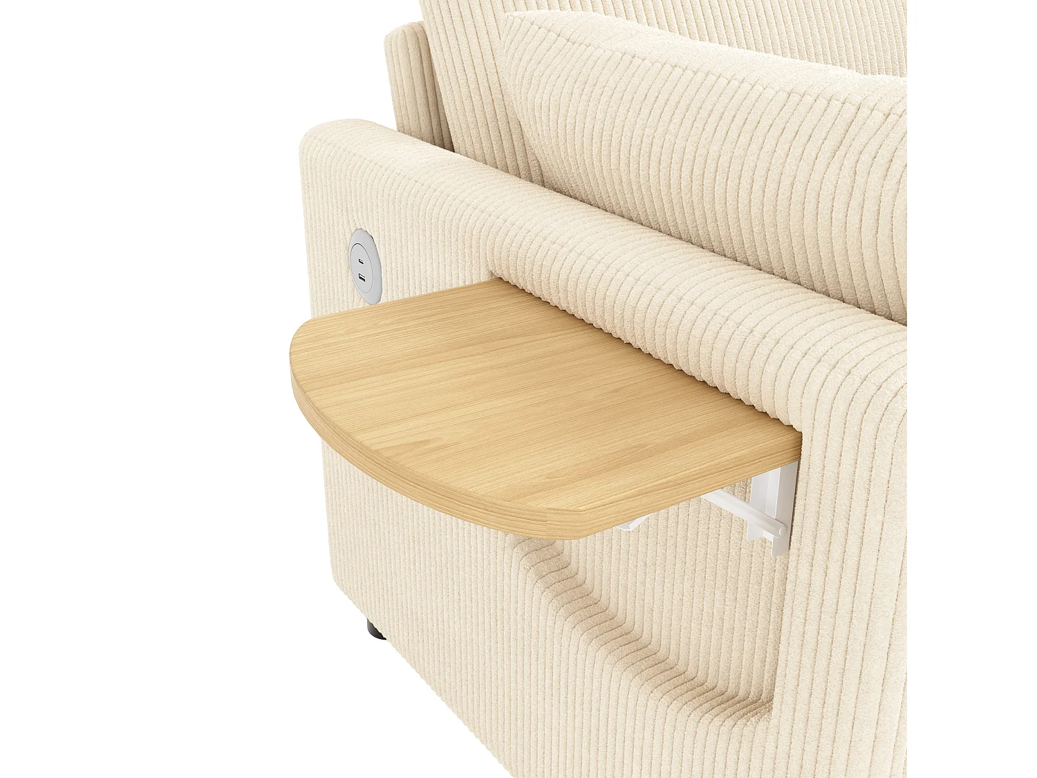 Canapé 2 places - avec port USB - avec table d'appoint pliante - avec 2 coussins - velours côtelé - beige