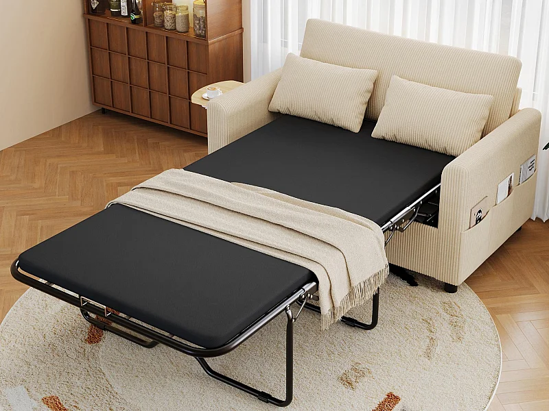 Canapé 2 places - avec port USB - avec table d'appoint pliante - avec 2 coussins - velours côtelé - beige