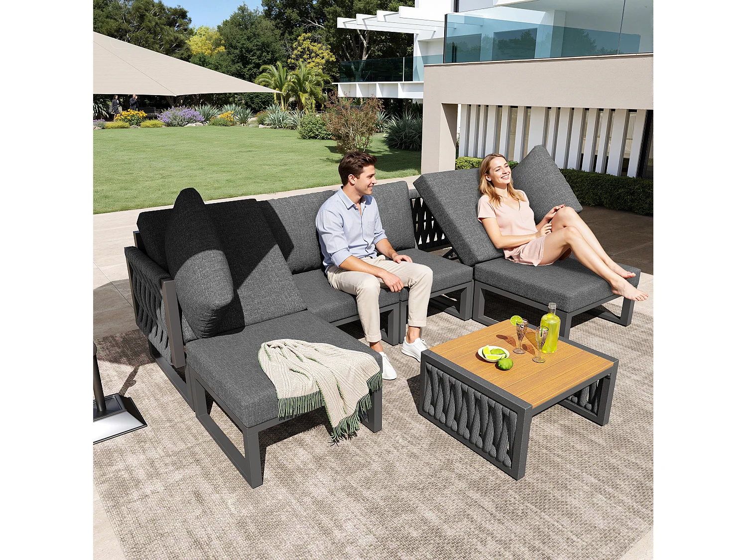 Garten-Salon, Möbelset, Tauwerk, für 5 Personen - Ecksofa - Beistelltisch und Holzplatte - aus verzinktem Eisen, Grau