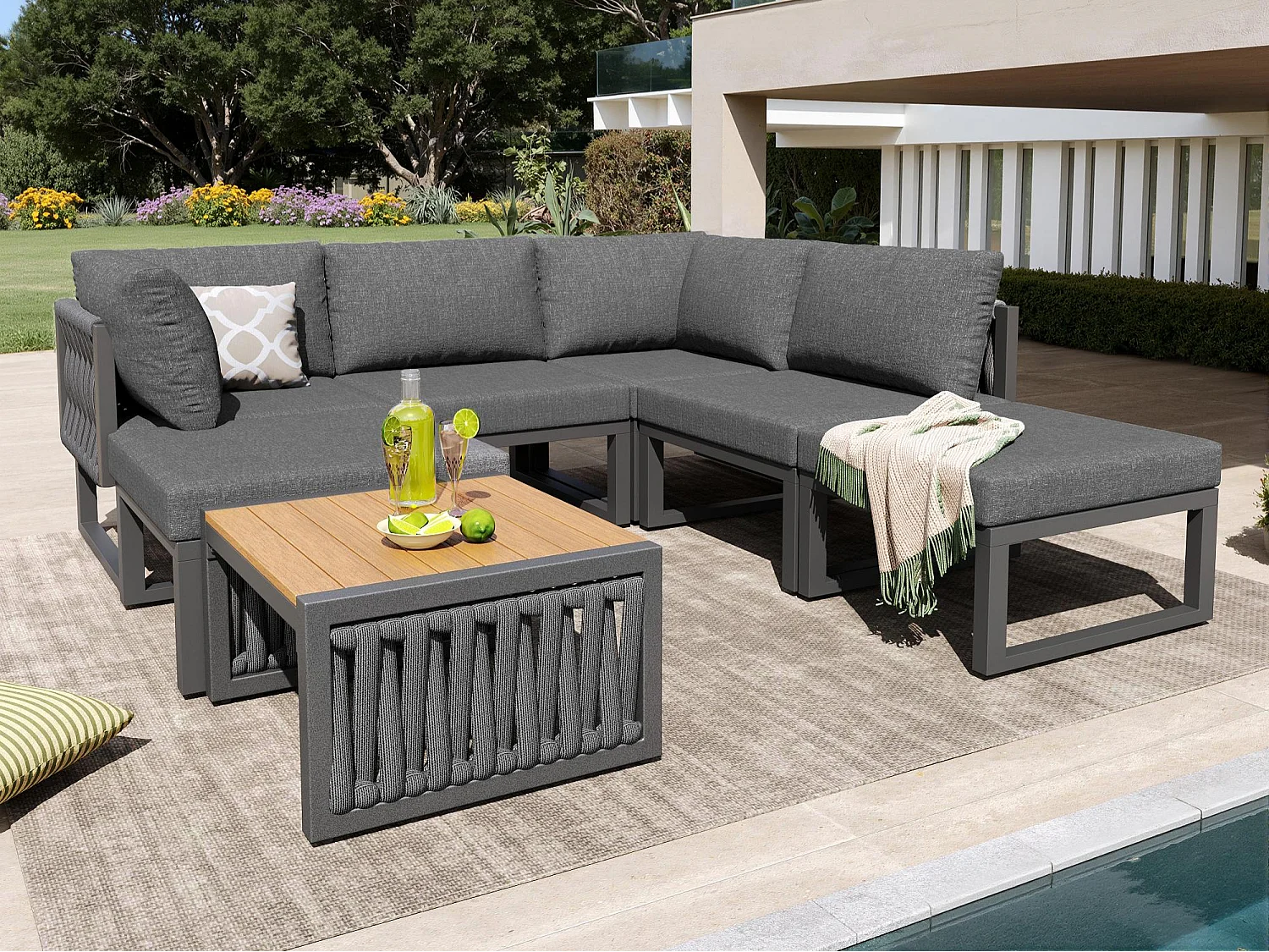 Garten-Salon, Möbelset, Tauwerk, für 5 Personen - Ecksofa - Beistelltisch und Holzplatte - aus verzinktem Eisen, Grau