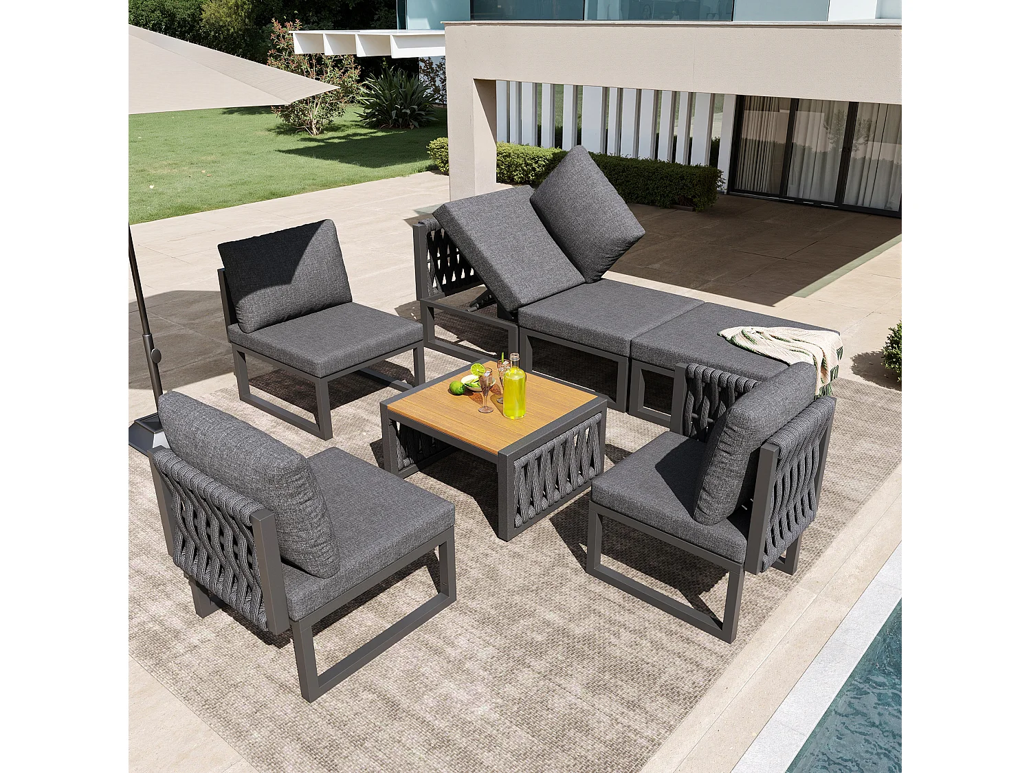 Garten-Salon, Möbelset, Tauwerk, für 5 Personen - Ecksofa - Beistelltisch und Holzplatte - aus verzinktem Eisen, Grau