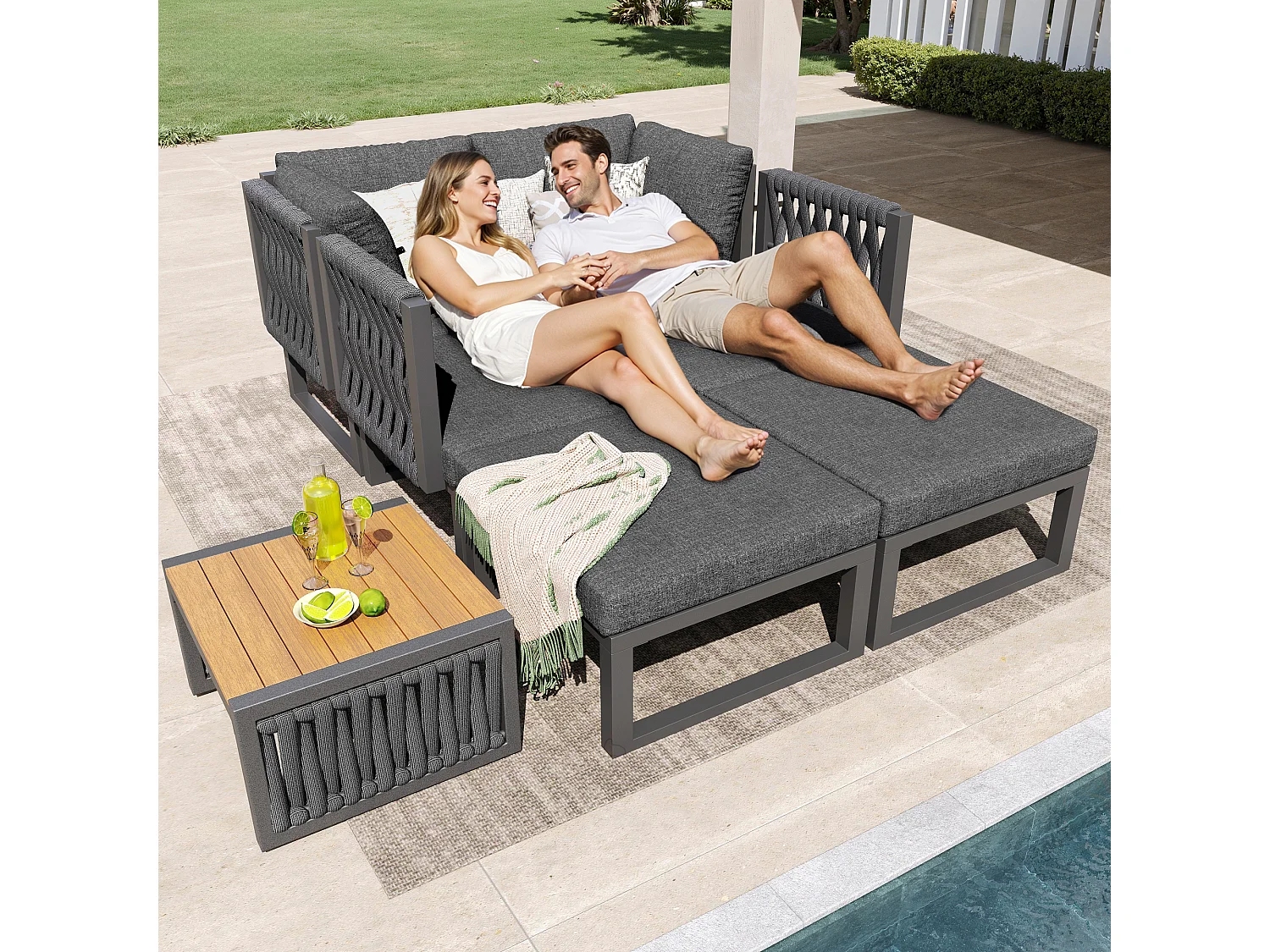 Garten-Salon, Möbelset, Tauwerk, für 5 Personen - Ecksofa - Beistelltisch und Holzplatte - aus verzinktem Eisen, Grau