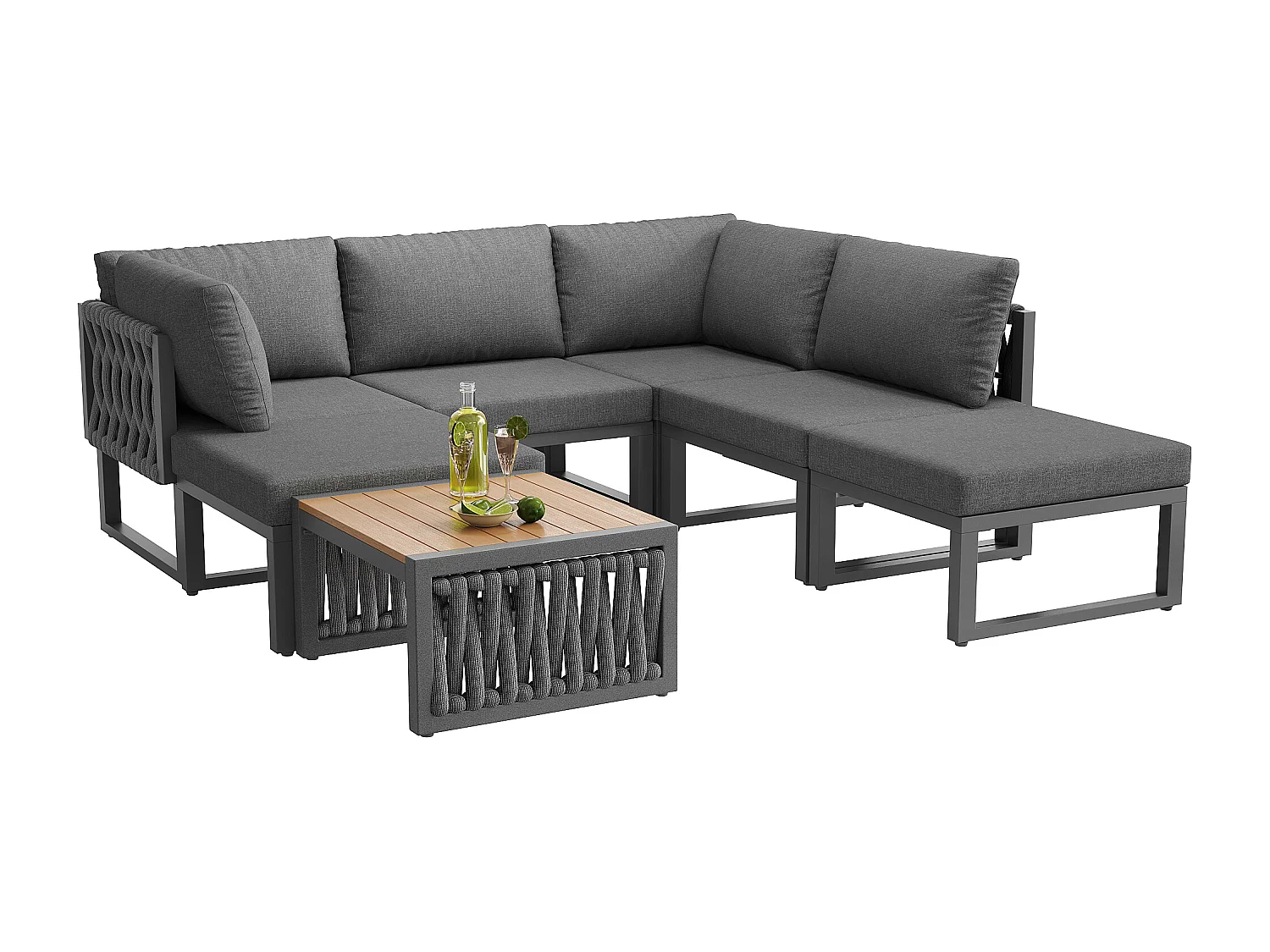 Garten-Salon, Möbelset, Tauwerk, für 5 Personen - Ecksofa - Beistelltisch und Holzplatte - aus verzinktem Eisen, Grau