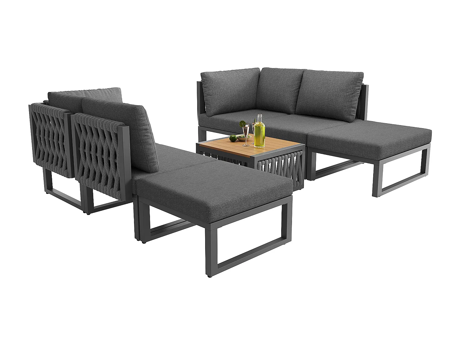 Garten-Salon, Möbelset, Tauwerk, für 5 Personen - Ecksofa - Beistelltisch und Holzplatte - aus verzinktem Eisen, Grau