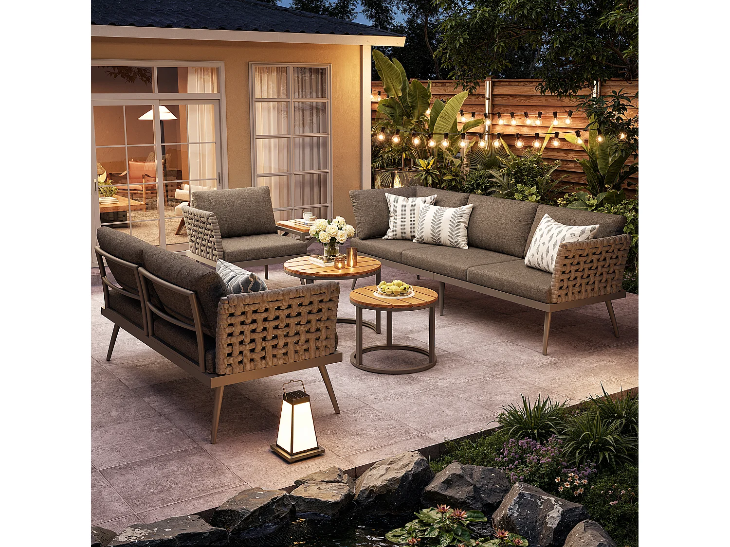 Salon de jardin, ensemble de meubles en rotin PE pour 6-8 personnes - canapé d'angle - en fer galvanisé - 1 fauteuil - table basse gigogne, Gris