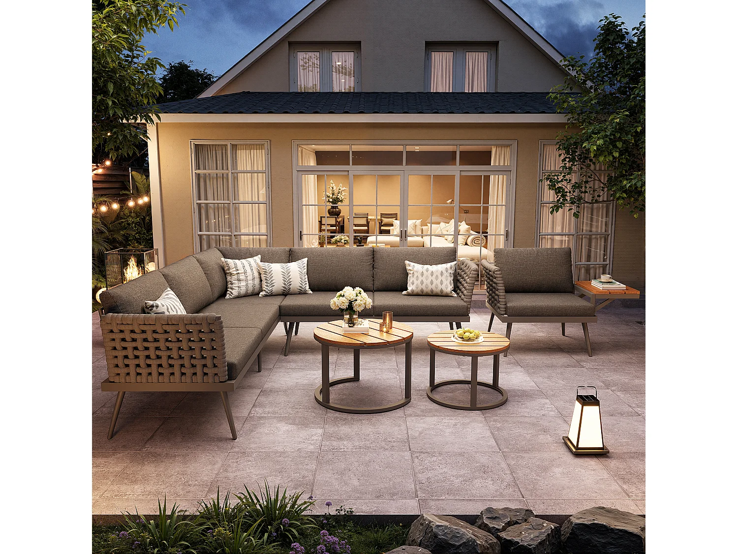 Salon de jardin, ensemble de meubles en rotin PE pour 6-8 personnes - canapé d'angle - en fer galvanisé - 1 fauteuil - table basse gigogne, Gris