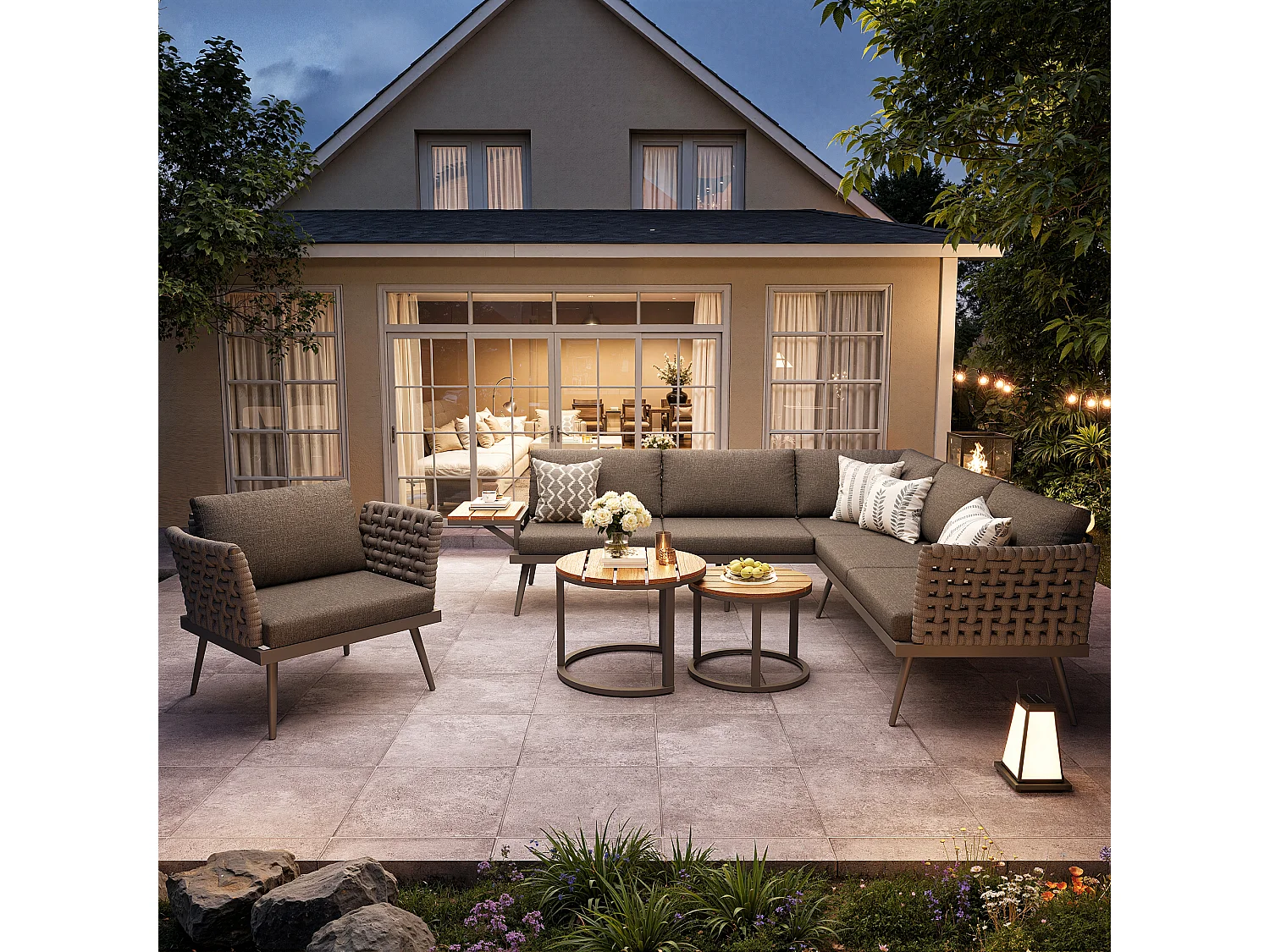 Salon de jardin, ensemble de meubles en rotin PE pour 6-8 personnes - canapé d'angle - en fer galvanisé - 1 fauteuil - table basse gigogne, Gris