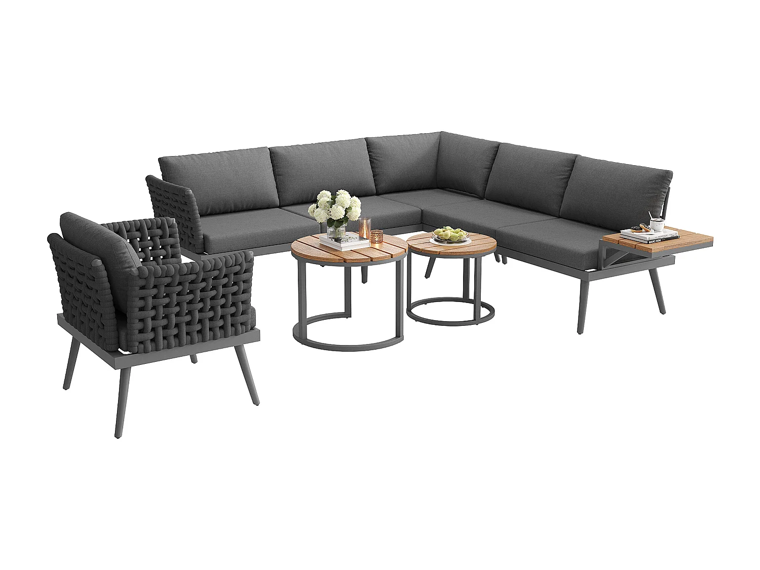 Salon de jardin, ensemble de meubles en rotin PE pour 6-8 personnes - canapé d'angle - en fer galvanisé - 1 fauteuil - table basse gigogne, Gris