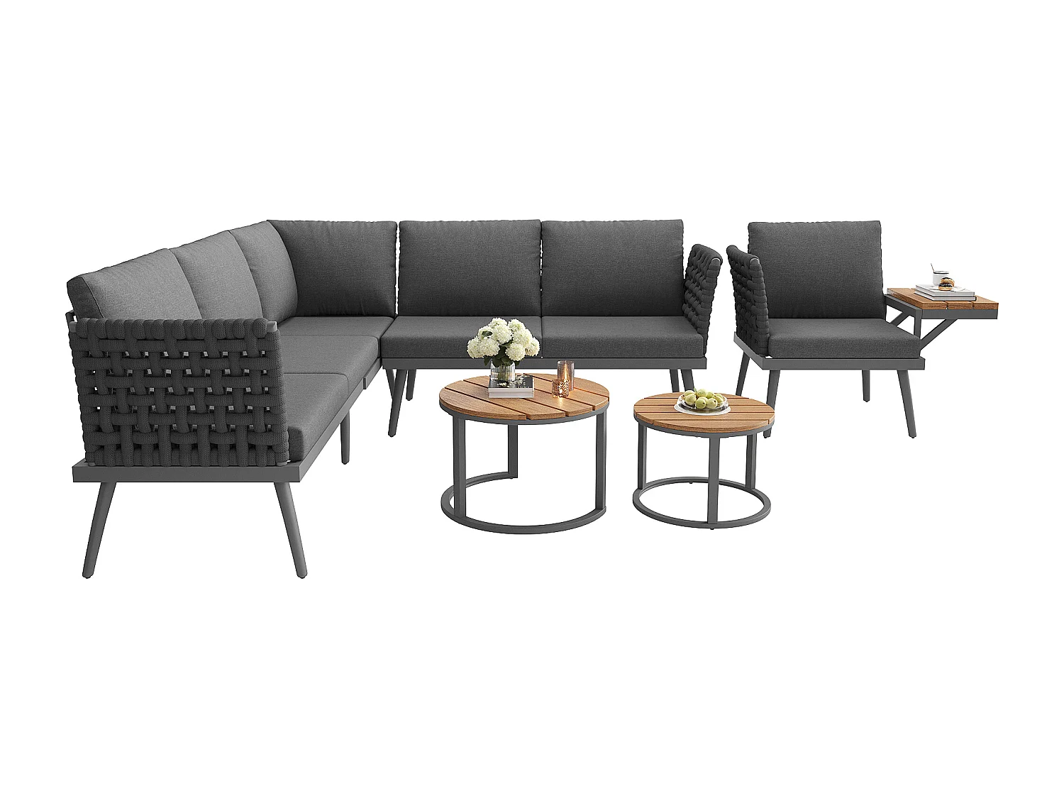 Salon de jardin, ensemble de meubles en rotin PE pour 6-8 personnes - canapé d'angle - en fer galvanisé - 1 fauteuil - table basse gigogne, Gris