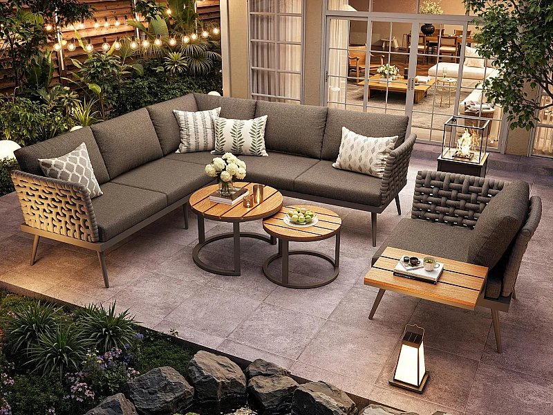 Garten-Salon, Möbelset aus PE-Rattan für 6-8 Personen - Ecksofa - aus verzinktem Eisen - 1 Sessel - Nested-Beistelltisch, Grau