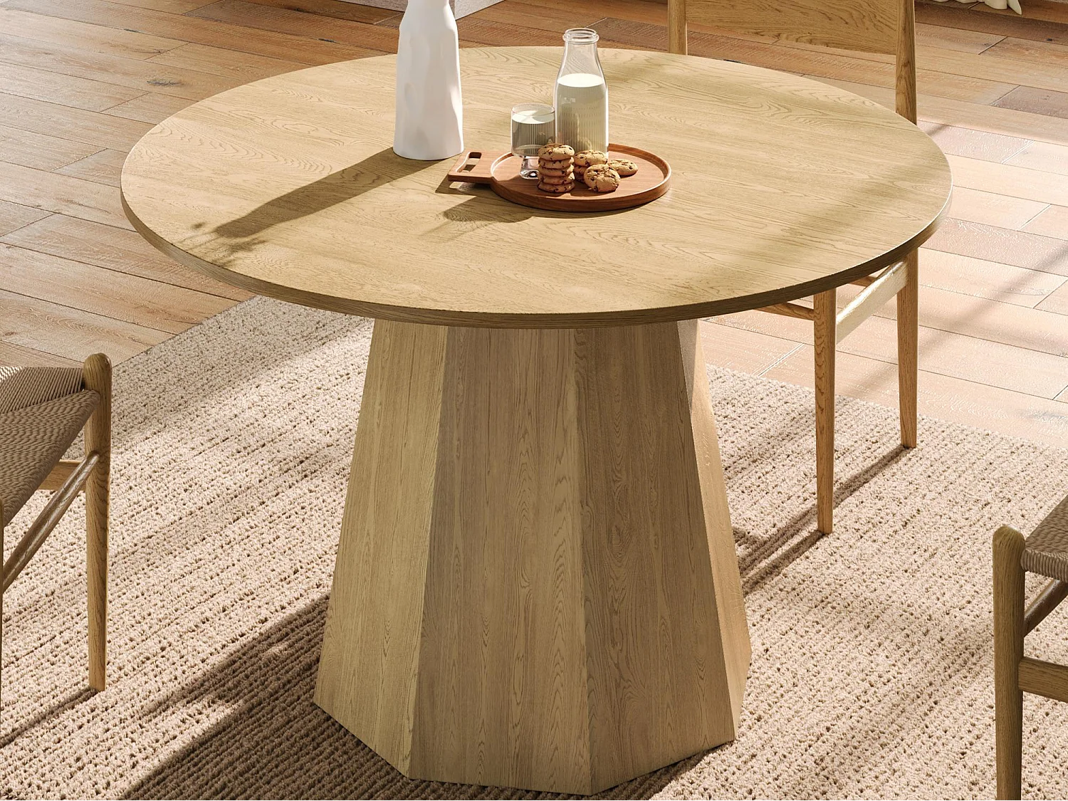 Table de salle à manger ronde 120x120x75cm - pour 4 à 6 personnes - Style nordique minimaliste - Placage chêne - Naturel