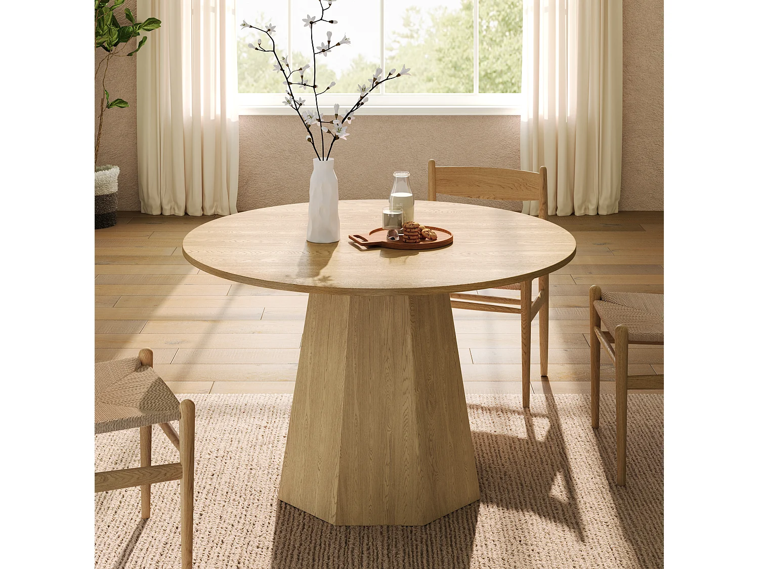 Table de salle à manger ronde 120x120x75cm - pour 4 à 6 personnes - Style nordique minimaliste - Placage chêne - Naturel