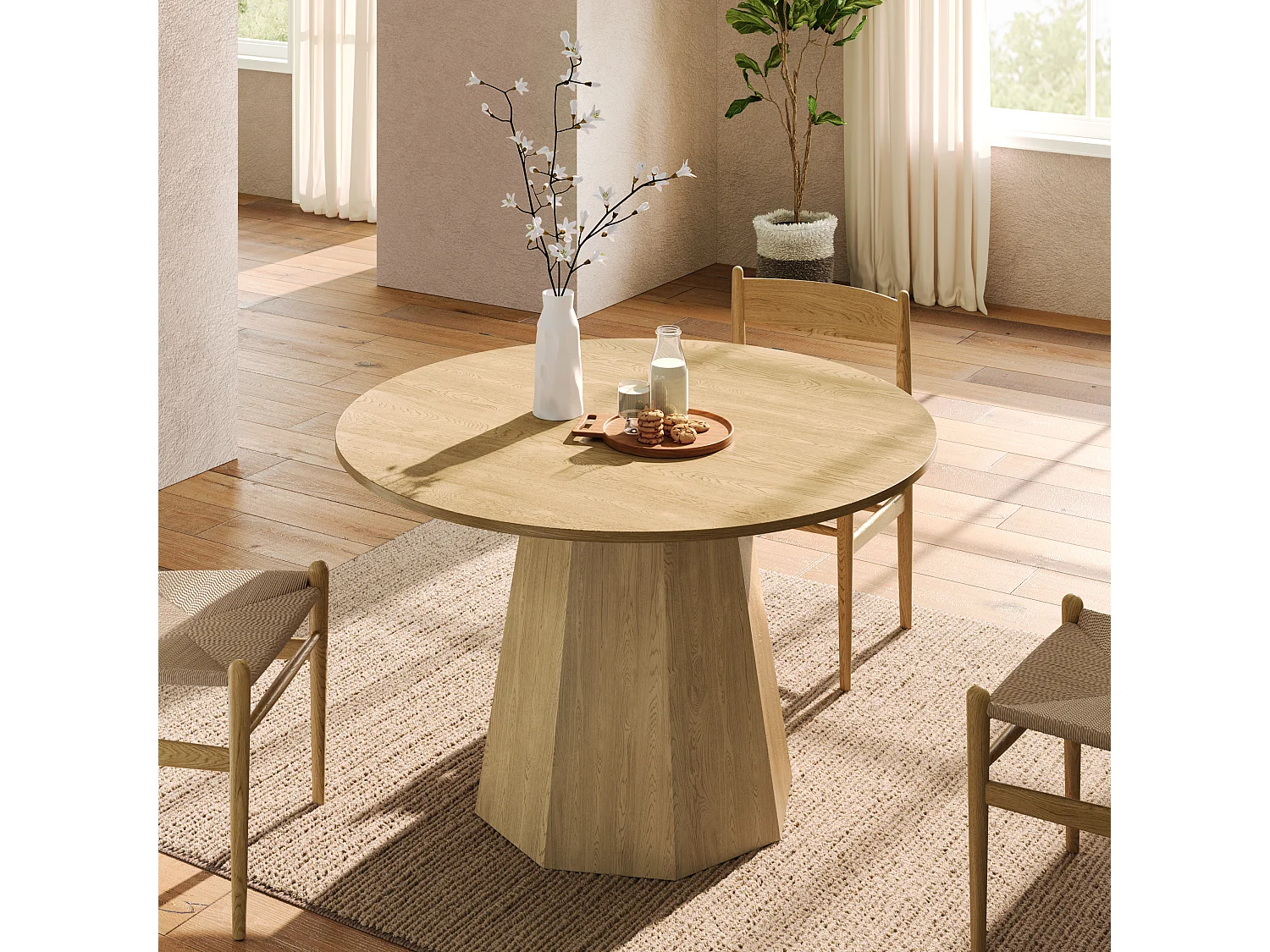 Table de salle à manger ronde 120x120x75cm - pour 4 à 6 personnes - Style nordique minimaliste - Placage chêne - Naturel