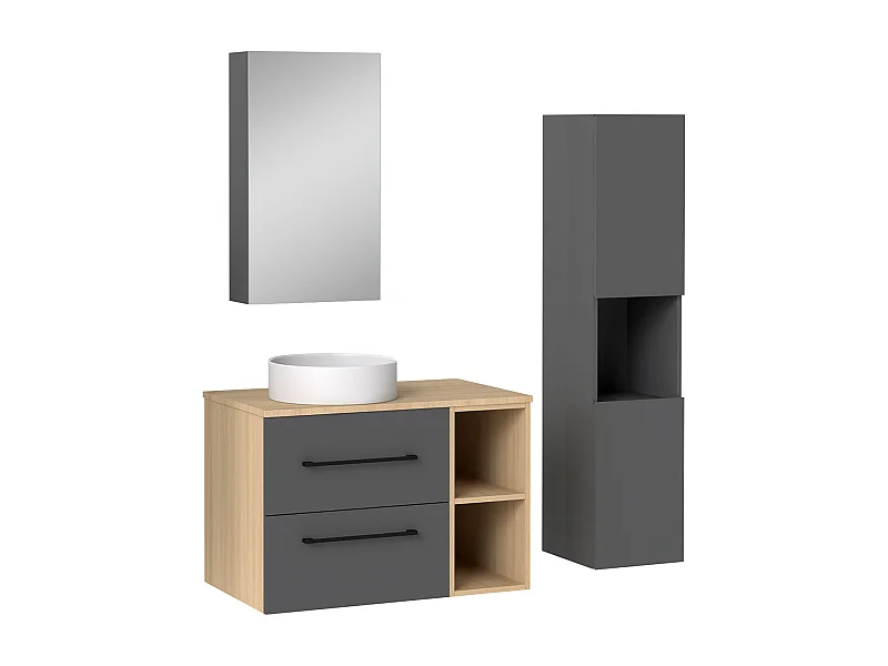 AICA Ensemble meuble de Salle de Bain Suspendu 80cm avec lavabo à poser + Colonne + Armoire salle de bain avec miroir