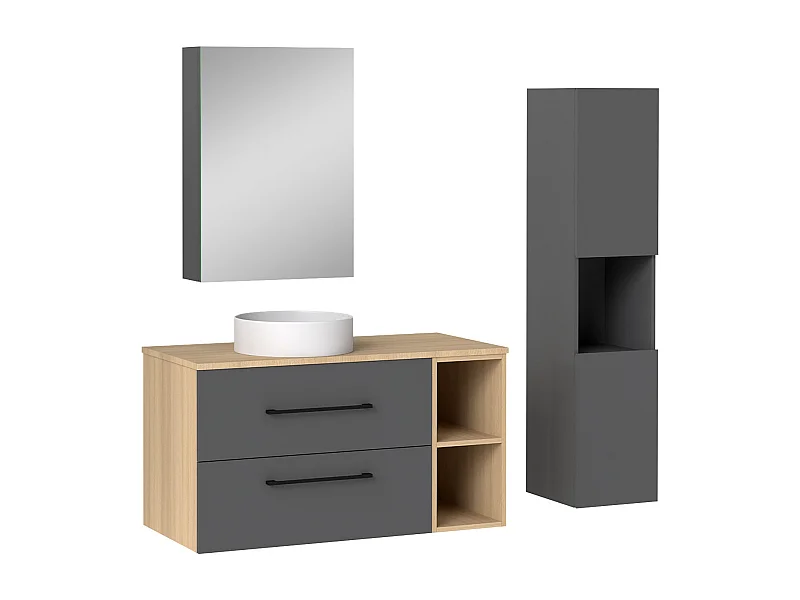 AICA Ensemble meuble de Salle de Bain Suspendu 100cm avec lavabo à poser + Colonne + Armoire salle de bain avec miroir