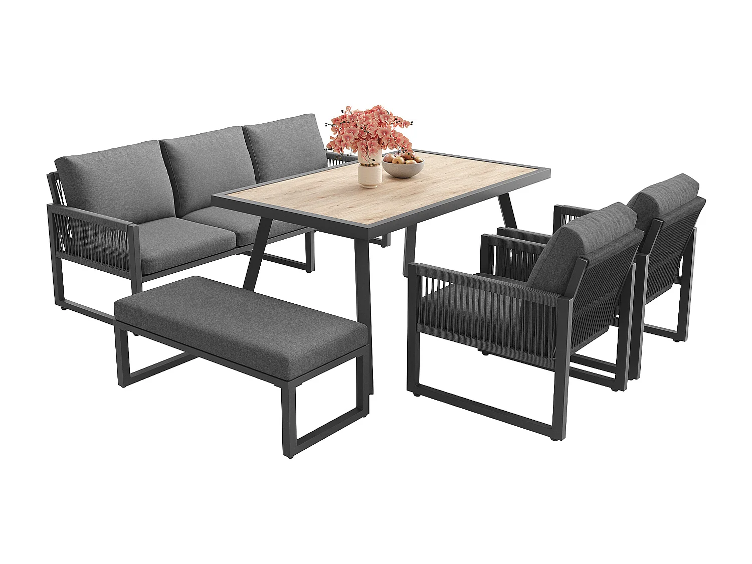 Salon de jardin, ensemble de meubles, cordage, pour 6 personnes - Canapé 3 places - 2 fauteuils - table - Blanc - en fer galvanisé, Gris