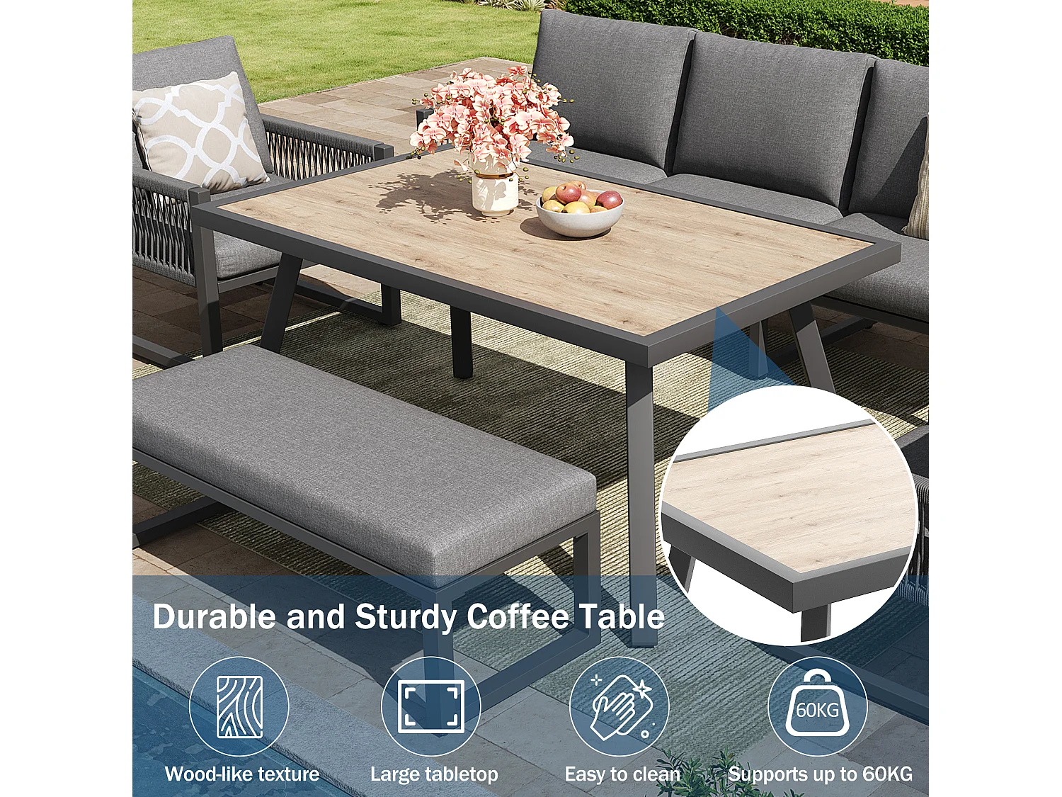 Salon de jardin, ensemble de meubles, cordage, pour 6 personnes - Canapé 3 places - 2 fauteuils - table - Blanc - en fer galvanisé, Gris