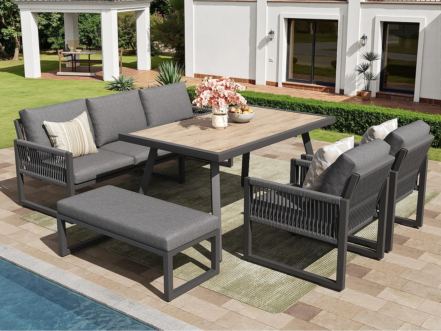 Salon de jardin, ensemble de meubles, cordage, pour 6 personnes - Canapé 3 places - 2 fauteuils - table - Blanc - en fer galvanisé, Gris