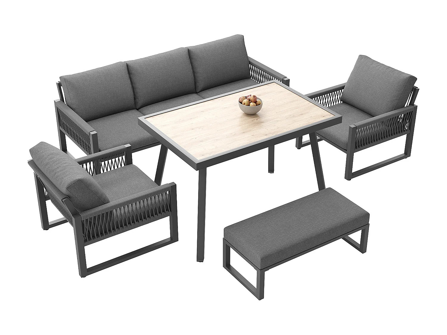 Salon de jardin, ensemble de meubles, cordage, pour 6 personnes - Canapé 3 places - 2 fauteuils - table - Blanc - en fer galvanisé, Gris