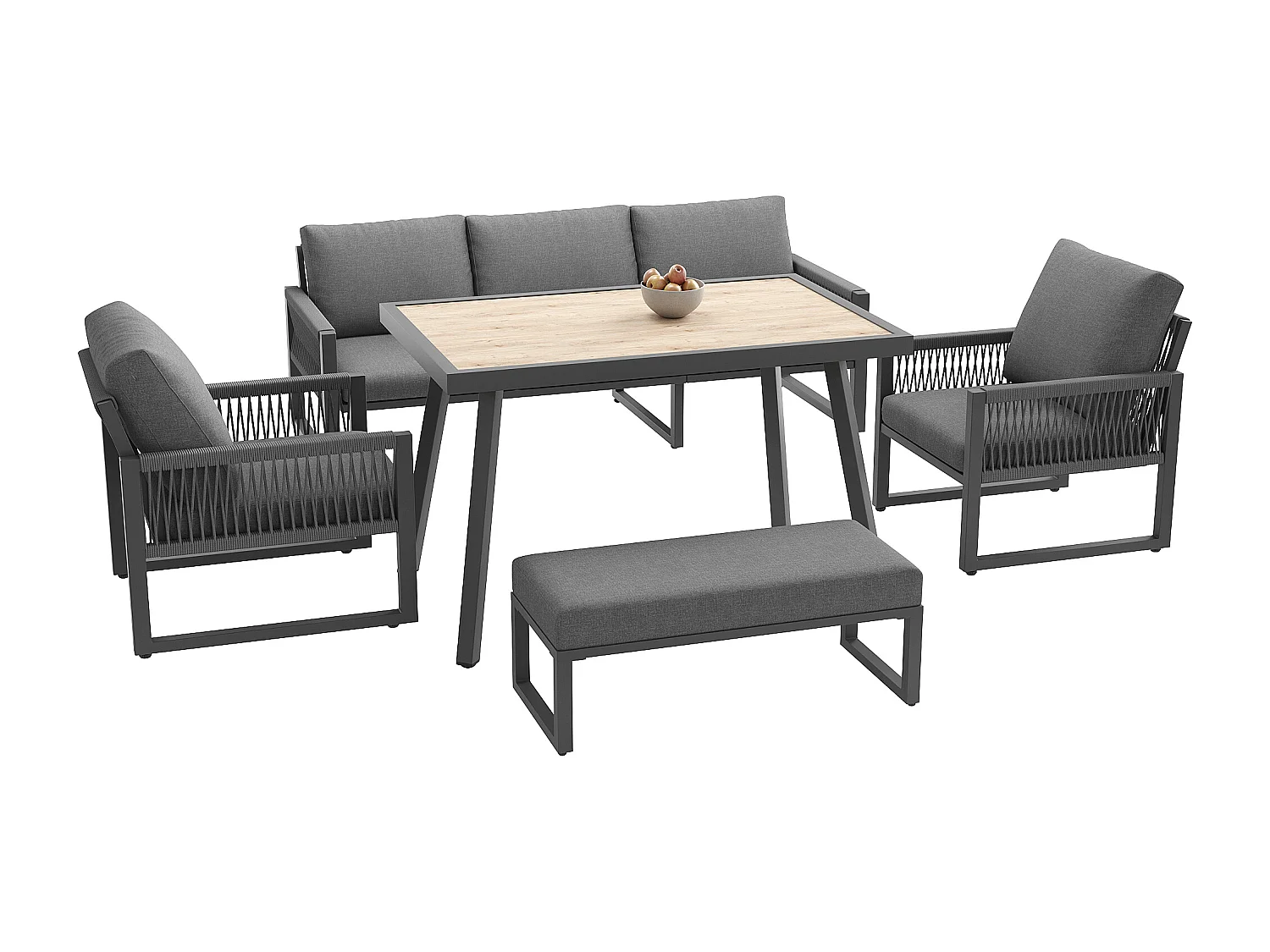 Salon de jardin, ensemble de meubles, cordage, pour 6 personnes - Canapé 3 places - 2 fauteuils - table - Blanc - en fer galvanisé, Gris