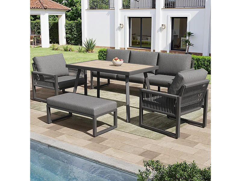 Salon de jardin, ensemble de meubles, cordage, pour 6 personnes - Canapé 3 places - 2 fauteuils - table - Blanc - en fer galvanisé, Gris