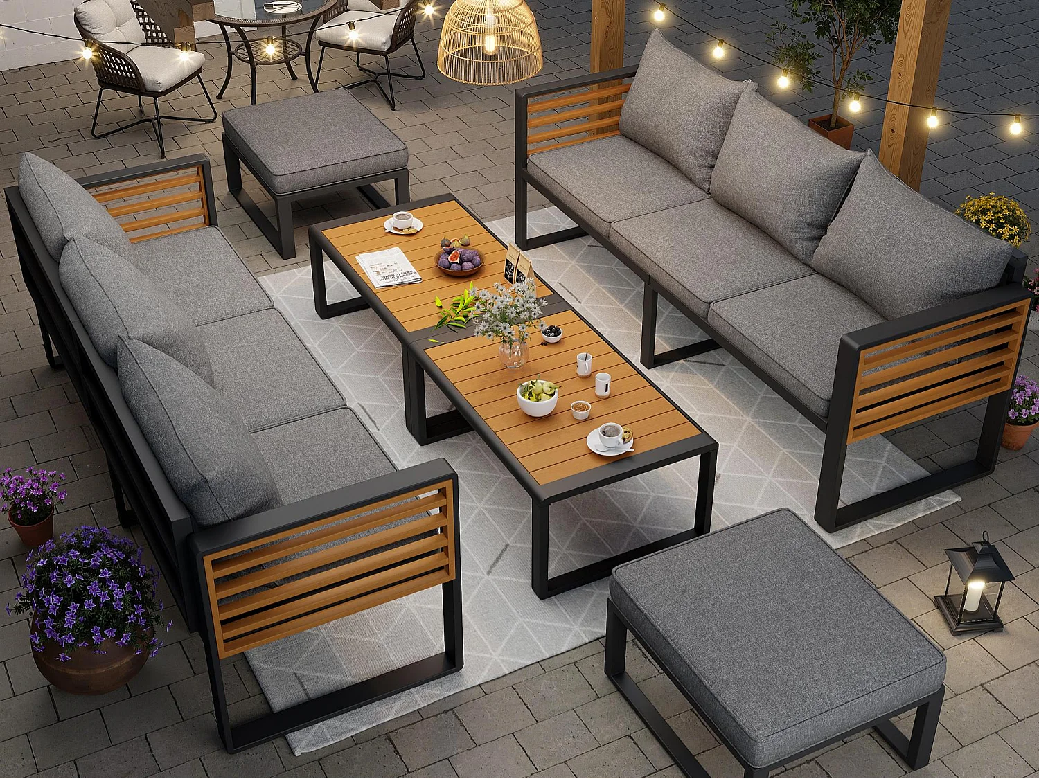 Salon de jardin, ensemble de meubles en bois-plastique pour 8 personnes  -  2 Canapé 3 places - en fer galvanisé -  2 tables - 2 tabourets, Gris