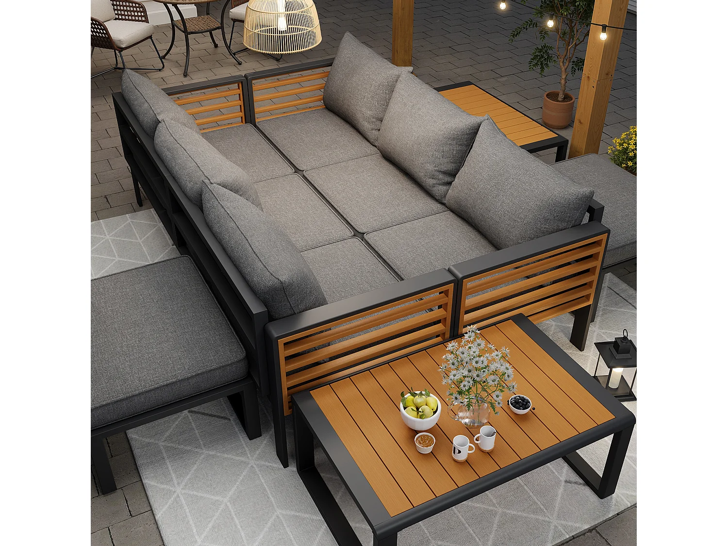 Salon de jardin, ensemble de meubles en bois-plastique pour 8 personnes  -  2 Canapé 3 places - en fer galvanisé -  2 tables - 2 tabourets, Gris