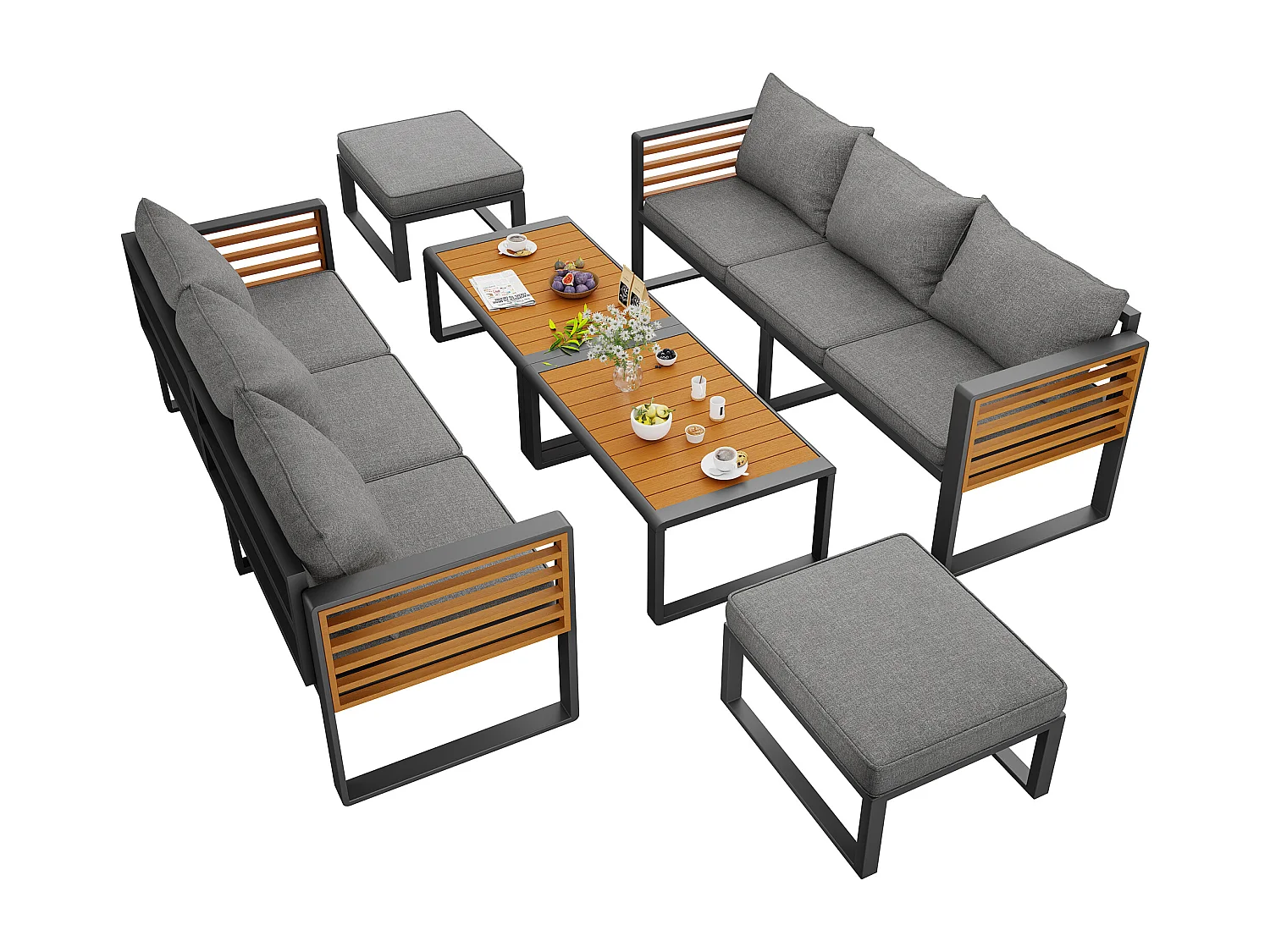 Salon de jardin, ensemble de meubles en bois-plastique pour 8 personnes  -  2 Canapé 3 places - en fer galvanisé -  2 tables - 2 tabourets, Gris