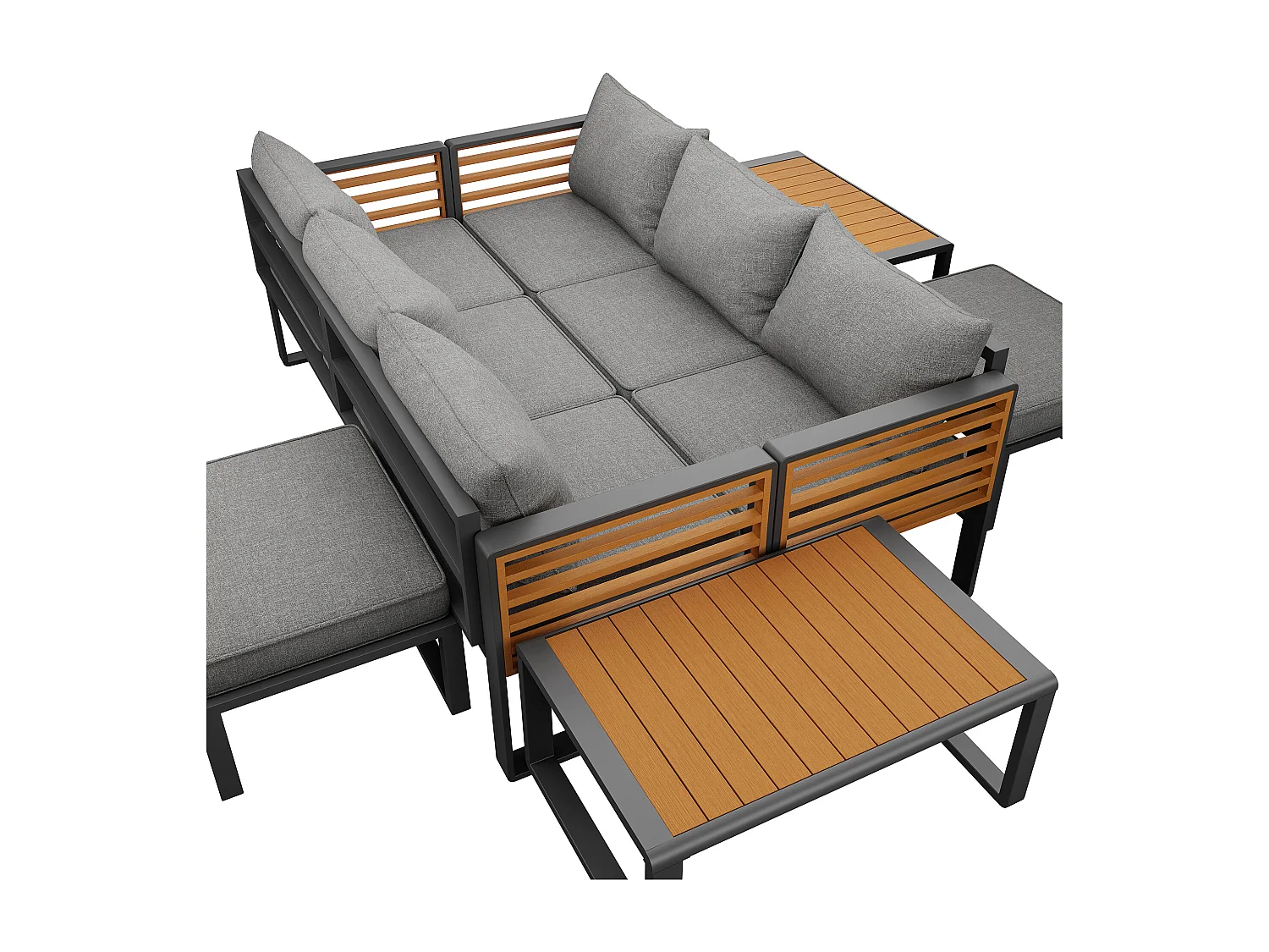 Salon de jardin, ensemble de meubles en bois-plastique pour 8 personnes  -  2 Canapé 3 places - en fer galvanisé -  2 tables - 2 tabourets, Gris